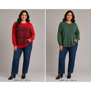 Merona Womens XL Sweater Bundle Red Fair Isle Pullover Green Beaded Cardigan Lot